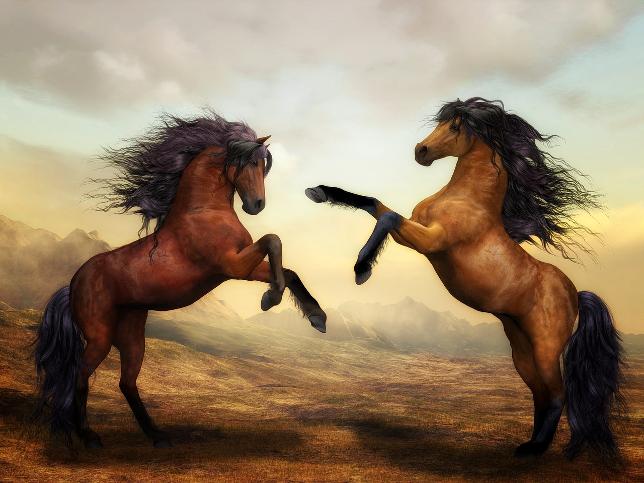 Schilderij van bruin paard onder herfstbladeren. Schilderij van bruin paard onder herfstbladeren.